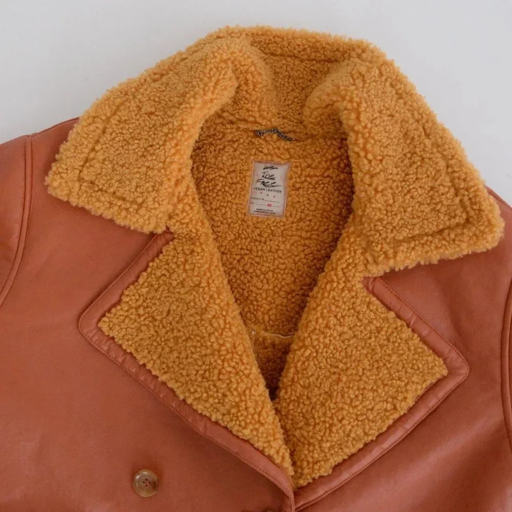 We The Free Kaja Vegan Bonded  Leather Peacoat Rust Bomber Jacket Boho M - Picture 11 of 12